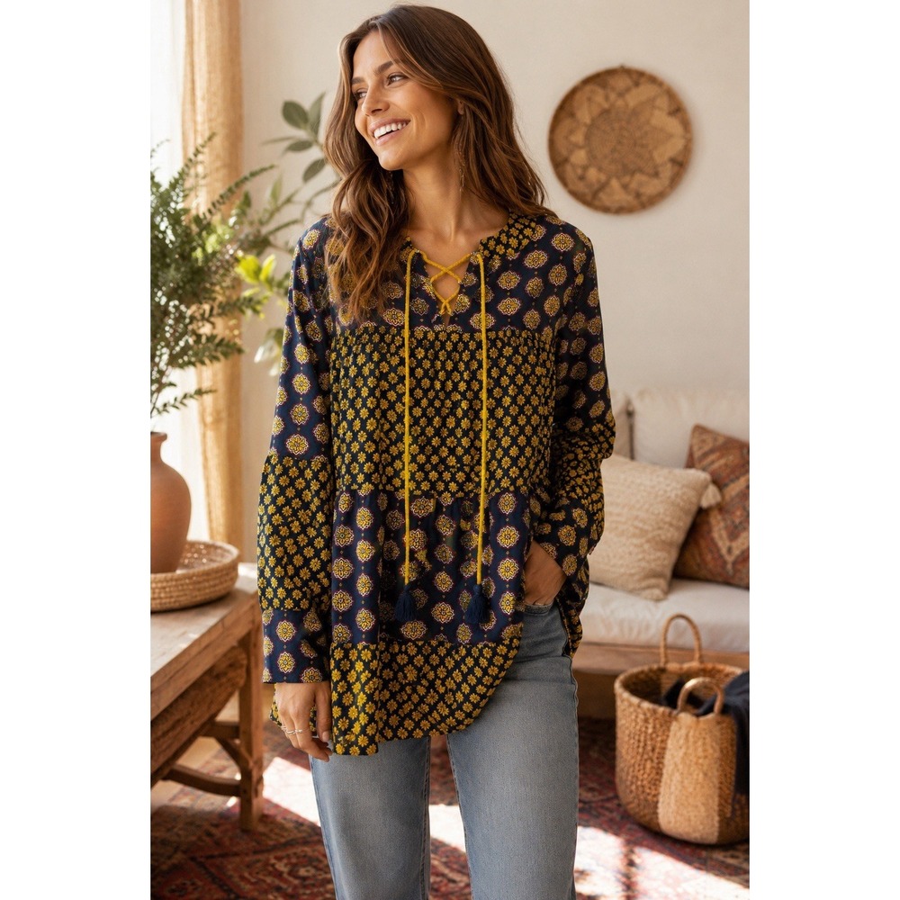 Earthbound Trading Co XL NWT Boho Peasant Tunic Navy Yellow Floral Tassel Tie